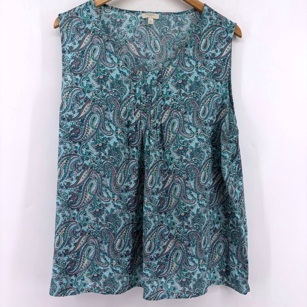Talbots Womens XL Teal Paisley Sleeveless V-Neck Pleated Front Blouse Top